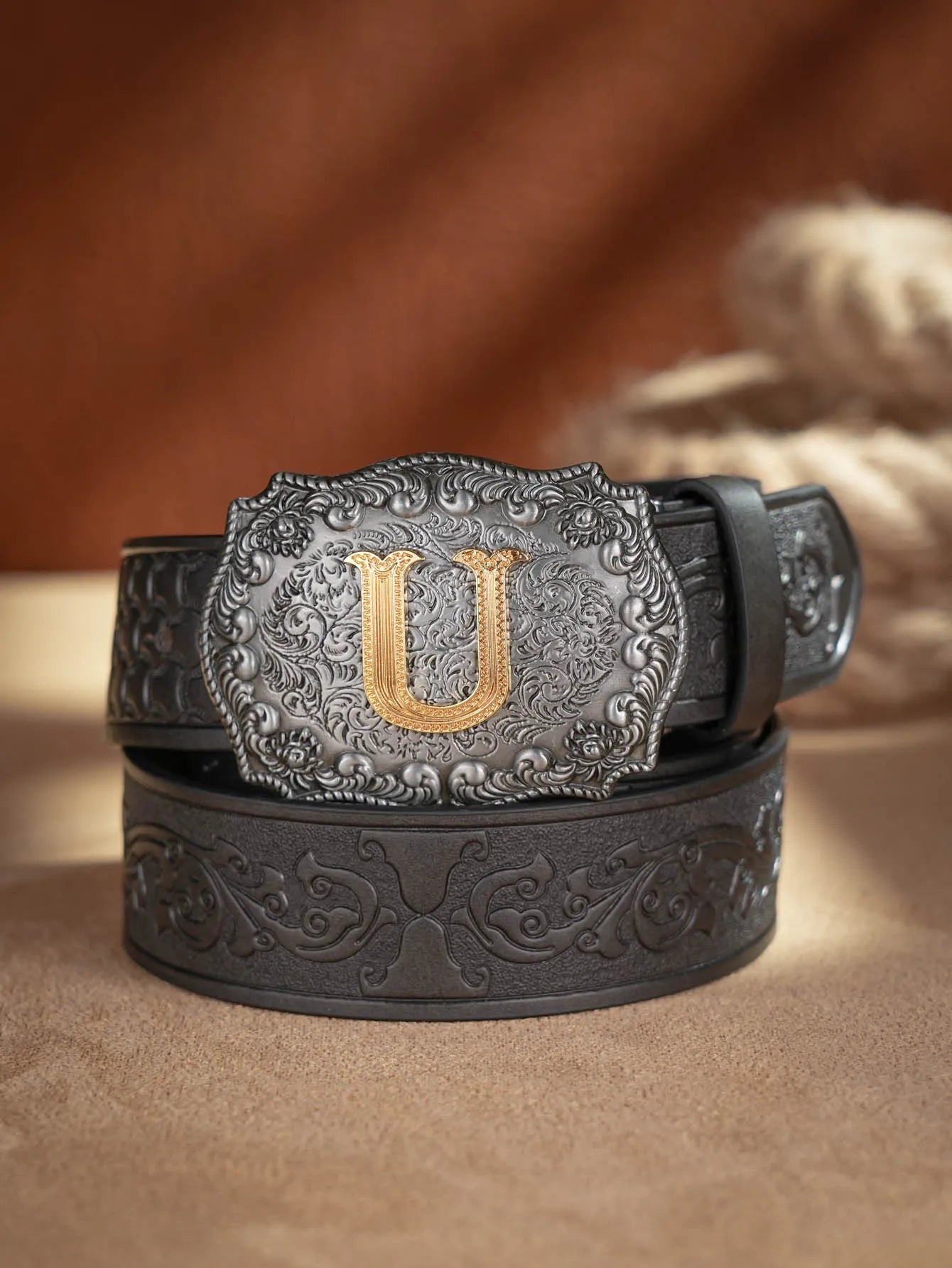 Western Cowboy Pu Leather Belt Men Waist Belt Bull Decoration Flowers Engraved for Jeans