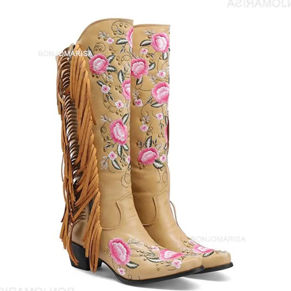 BONJOMARISA Cowboy Stiefel Für Frauen Fransen Stickerei Blume Süße Western