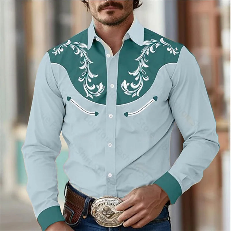 Western Men's Shirt Outdoor Street Lapel Long Sleeve