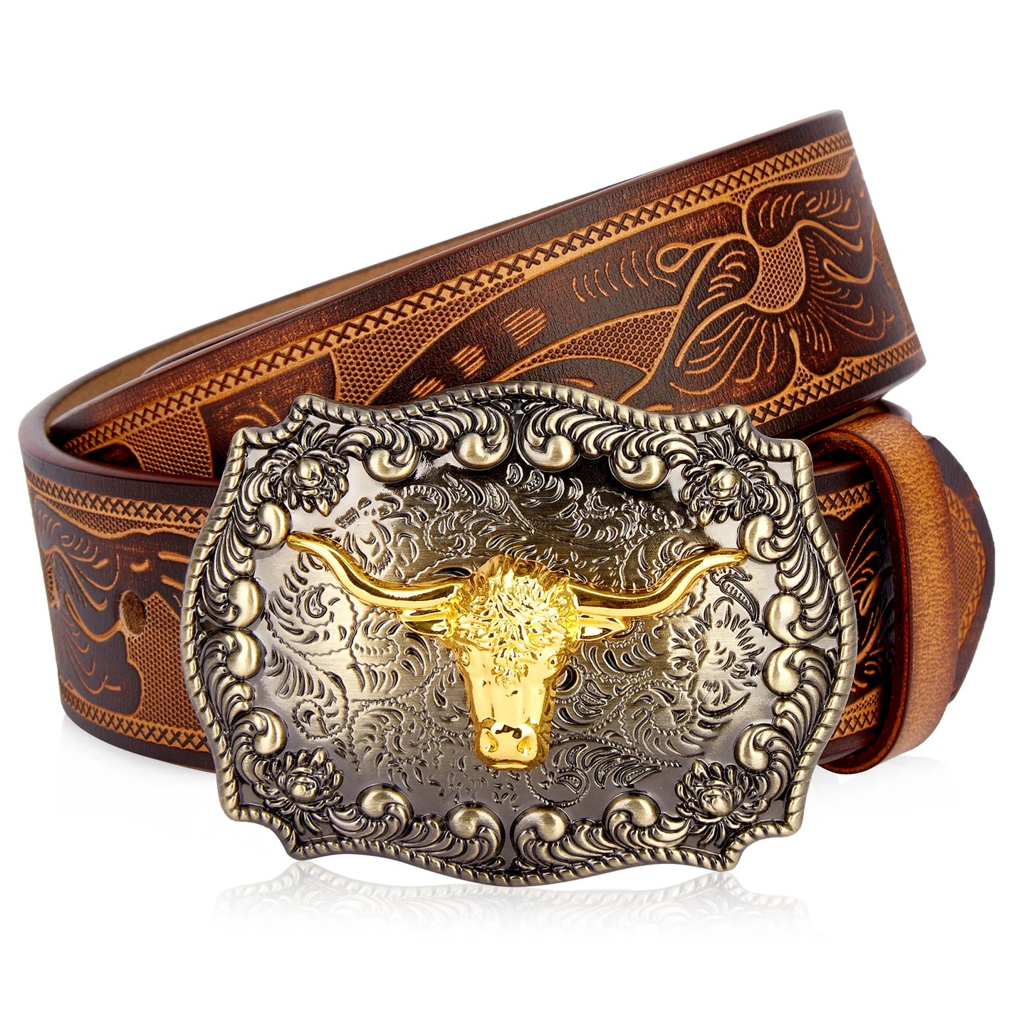 Men's Western embossed genuine leather belt with golden Cowboy Longhorn Bull buckle