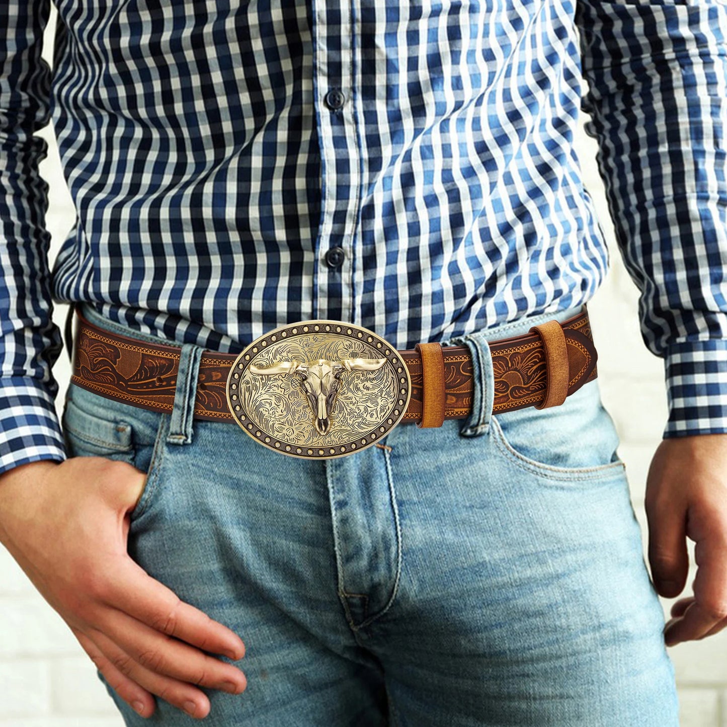 Men's Western embossed genuine leather belt with golden Cowboy Longhorn Bull buckle