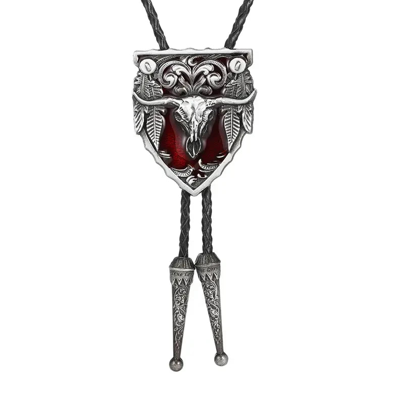 Big Cow Head Western Cowboy Tang Grass Pattern Bolo Tie Leather Fashion Pendant Men and Women Bolo Tie Rope Tide