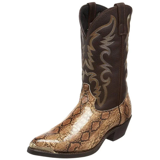 Retro Men &amp; Women Boots Golden Head Snake Skin Embroidered Western Cowboy Boots Unisex Shoes