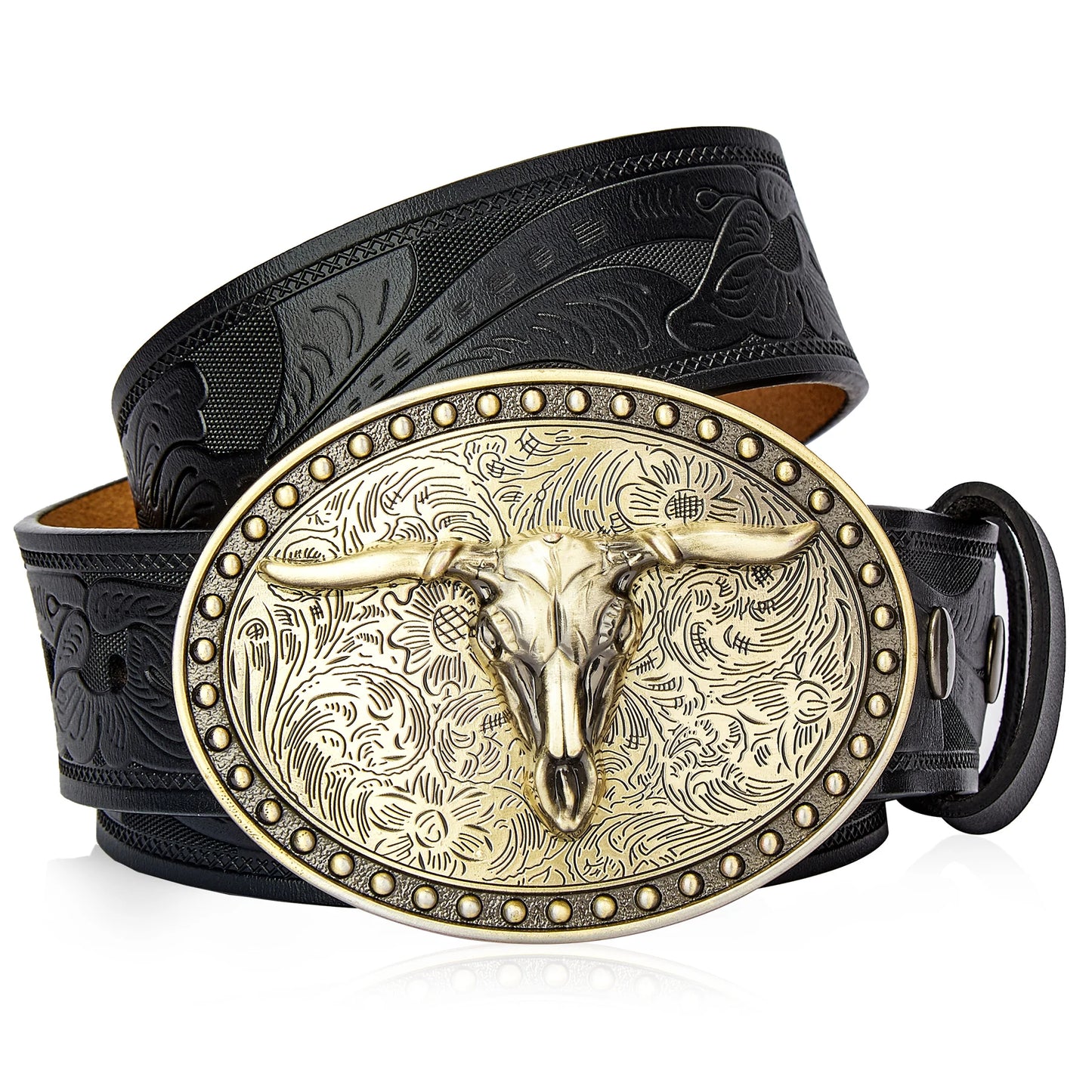 Men's Western embossed genuine leather belt with golden Cowboy Longhorn Bull buckle