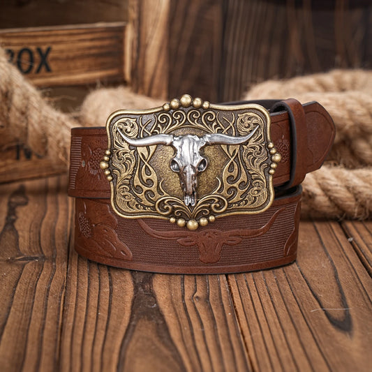 Western Cowboy Pu Leather Belt Men Waist Belt Bull Decoration Flowers Engraved for Jeans