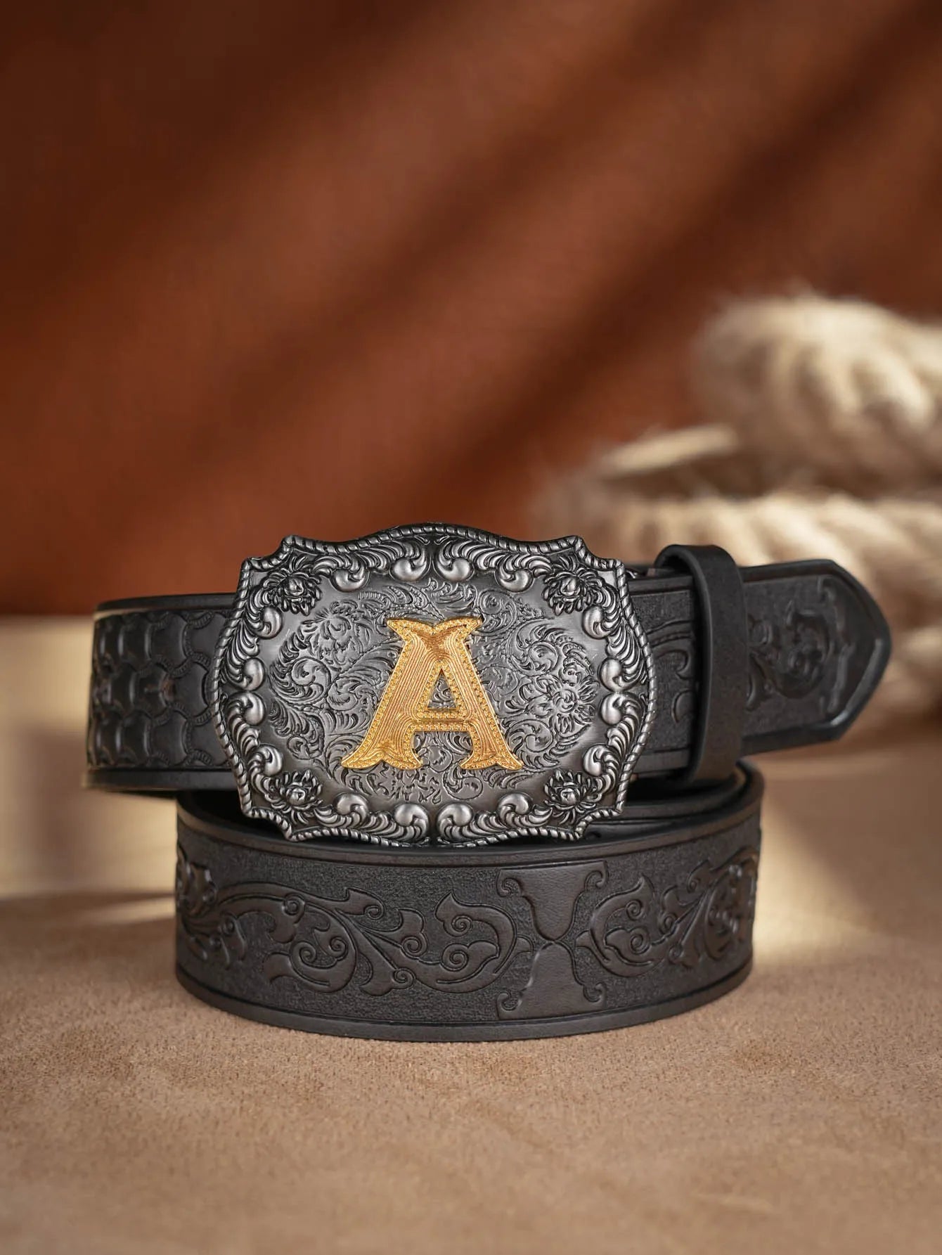 Western Cowboy Pu Leather Belt Men Waist Belt Bull Decoration Flowers Engraved for Jeans