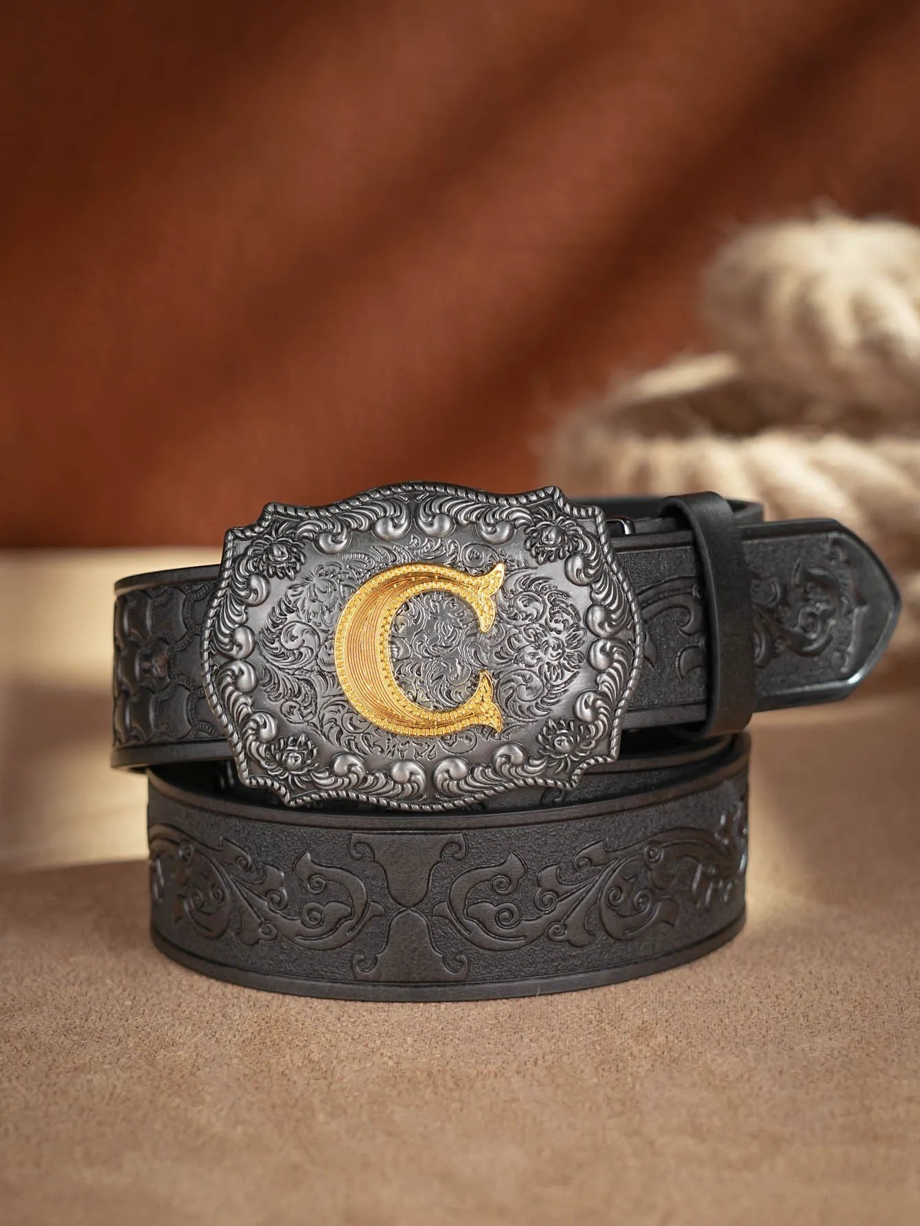 Western Cowboy Pu Leather Belt Men Waist Belt Bull Decoration Flowers Engraved for Jeans