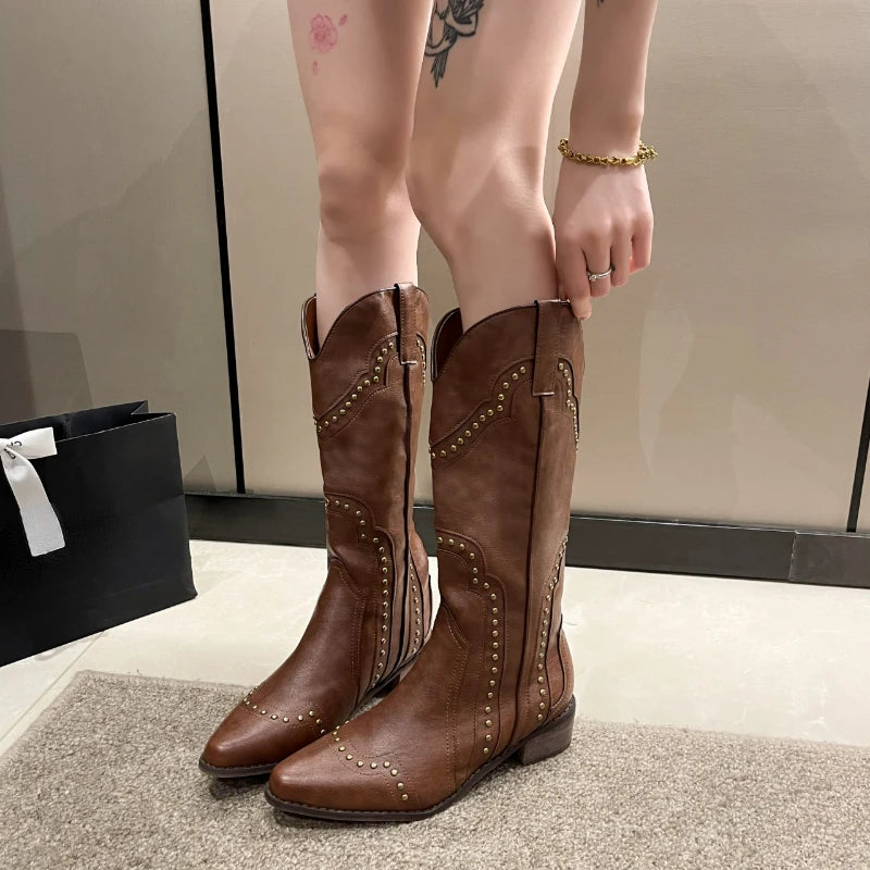 Women Cowboy Chelsea Western Short Leather Knee High Luxury Designer