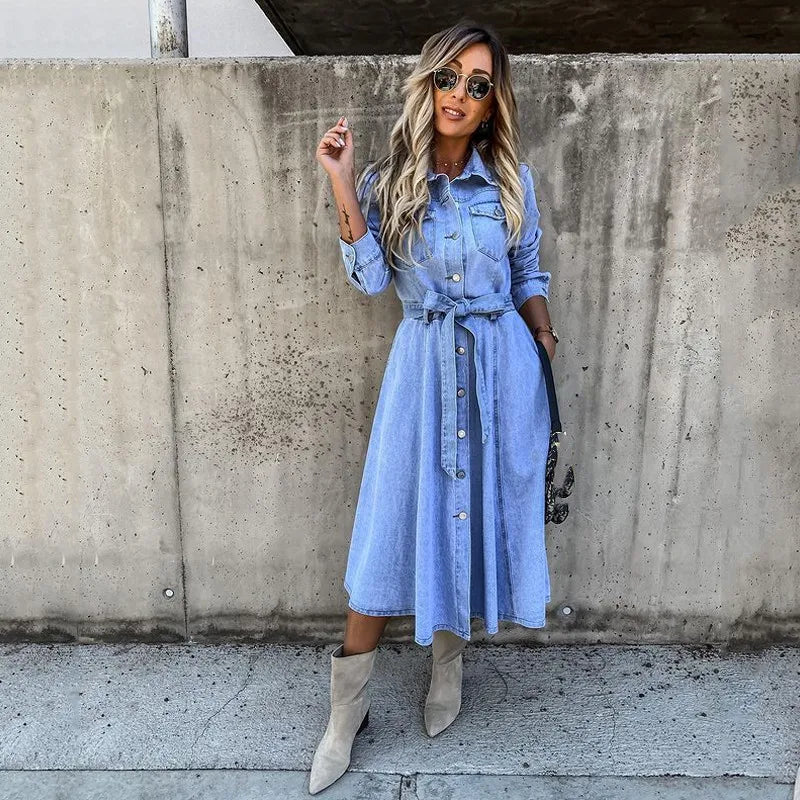 Dress Women Blue Long Sleeve Dress Fashion Casual