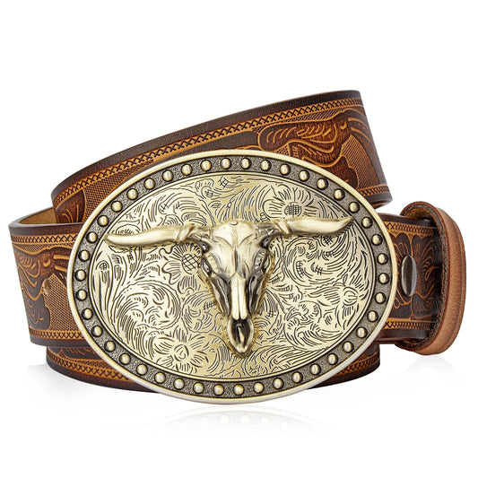 Men's Western embossed genuine leather belt with golden Cowboy Longhorn Bull buckle