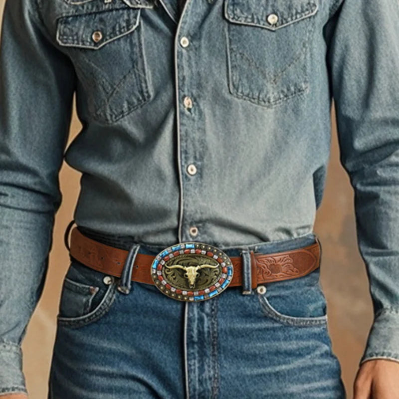 Western Cowboy Pu Leather Belt Men Waist Belt Bull Decoration Flowers Engraved for Jeans Fashion Men Leather Belt