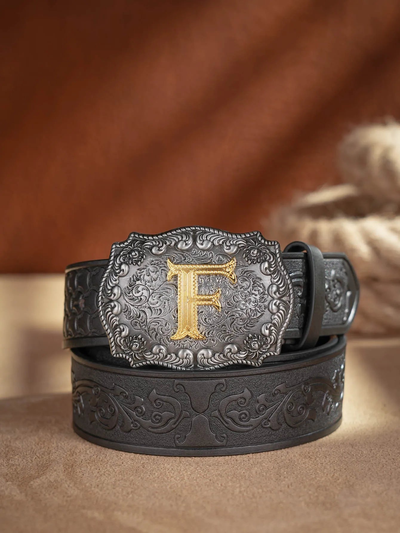 Western Cowboy Pu Leather Belt Men Waist Belt Bull Decoration Flowers Engraved for Jeans