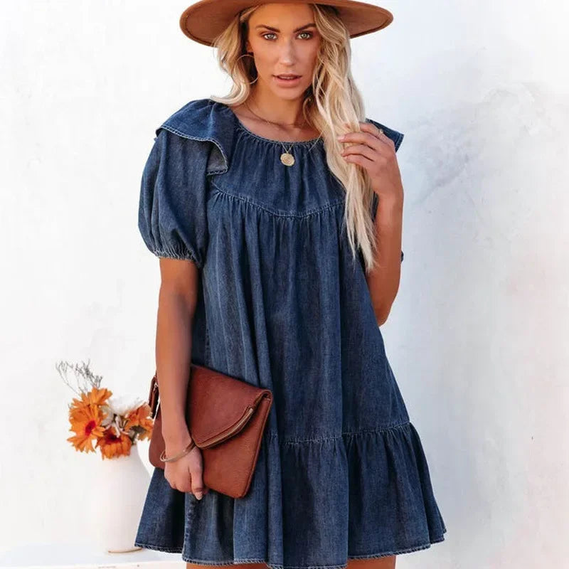 Women's Denim Dress Loose Casual Ruffle Short Dress for Women