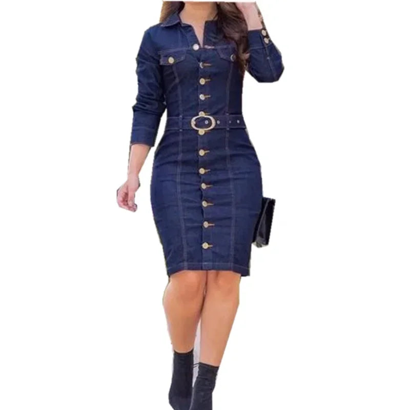 Neues Jeans kleid Frauen Revers Slim Fit