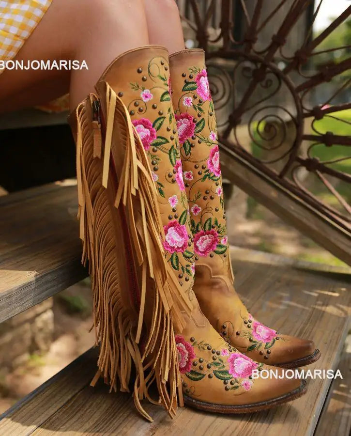 BONJOMARISA Cowboy Stiefel Für Frauen Fransen Stickerei Blume Süße Western