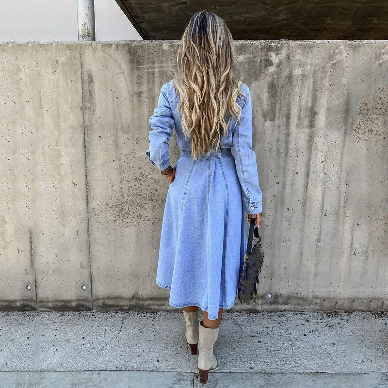 Dress Women Blue Long Sleeve Dress Fashion Casual