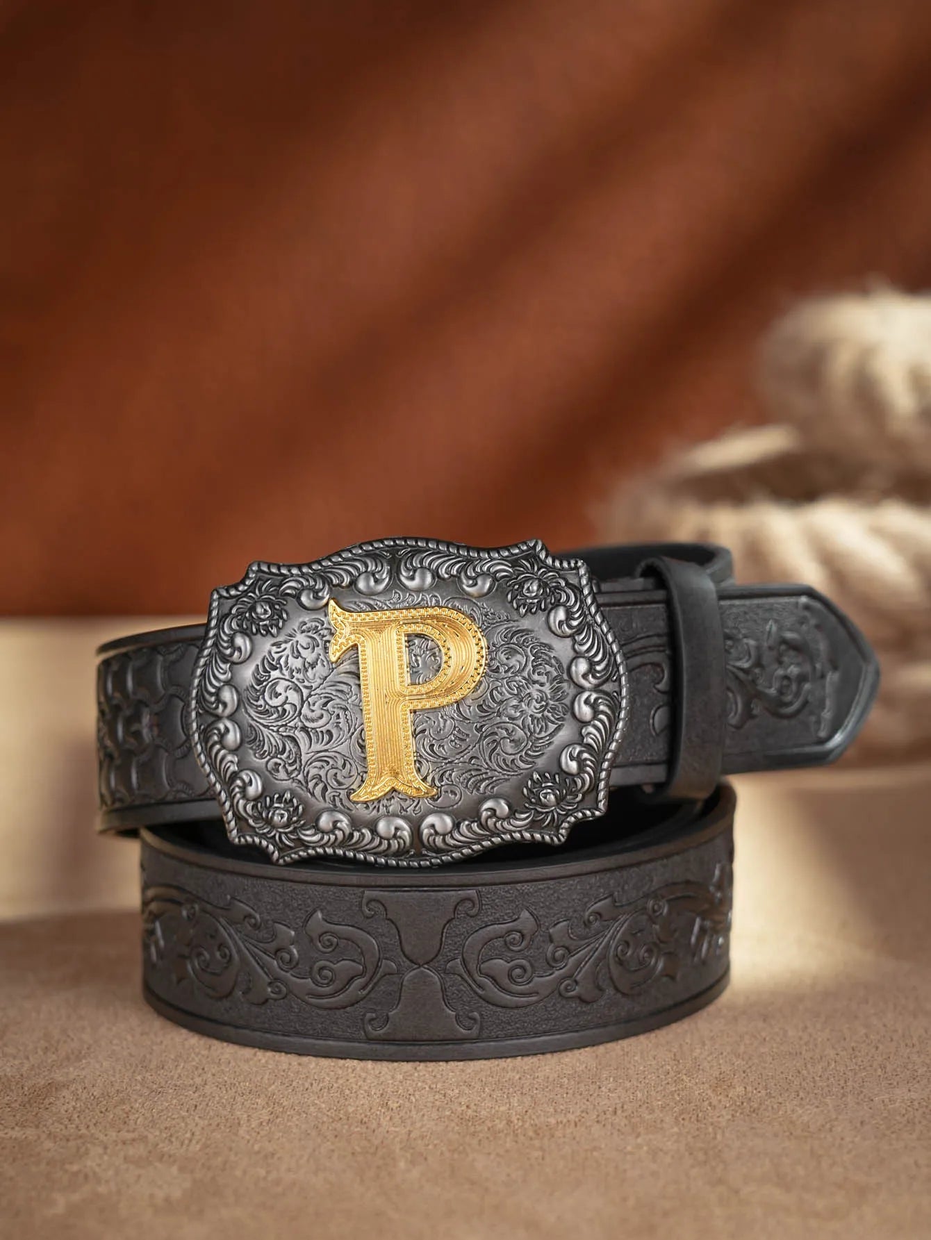 Western Cowboy Pu Leather Belt Men Waist Belt Bull Decoration Flowers Engraved for Jeans