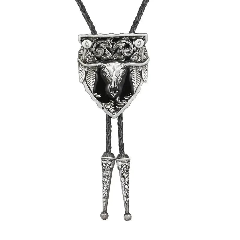 Big Cow Head Western Cowboy Tang Grass Pattern Bolo Tie Leather Fashion Pendant Men and Women Bolo Tie Rope Tide