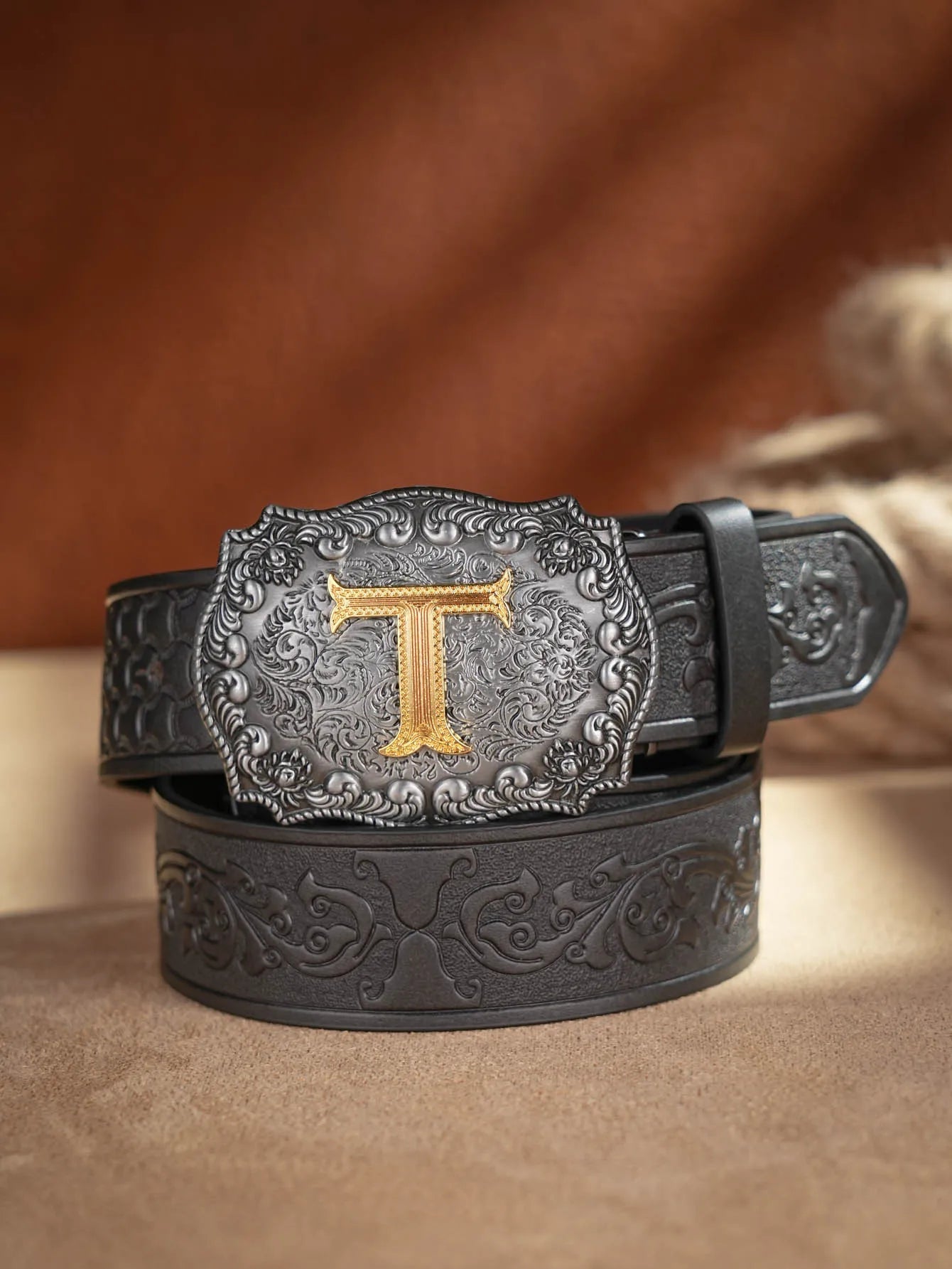 Western Cowboy Pu Leather Belt Men Waist Belt Bull Decoration Flowers Engraved for Jeans