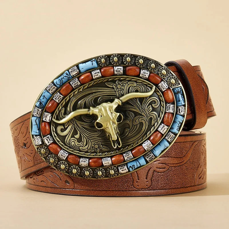 Western Cowboy Pu Leather Belt Men Waist Belt Bull Decoration Flowers Engraved for Jeans Fashion Men Leather Belt