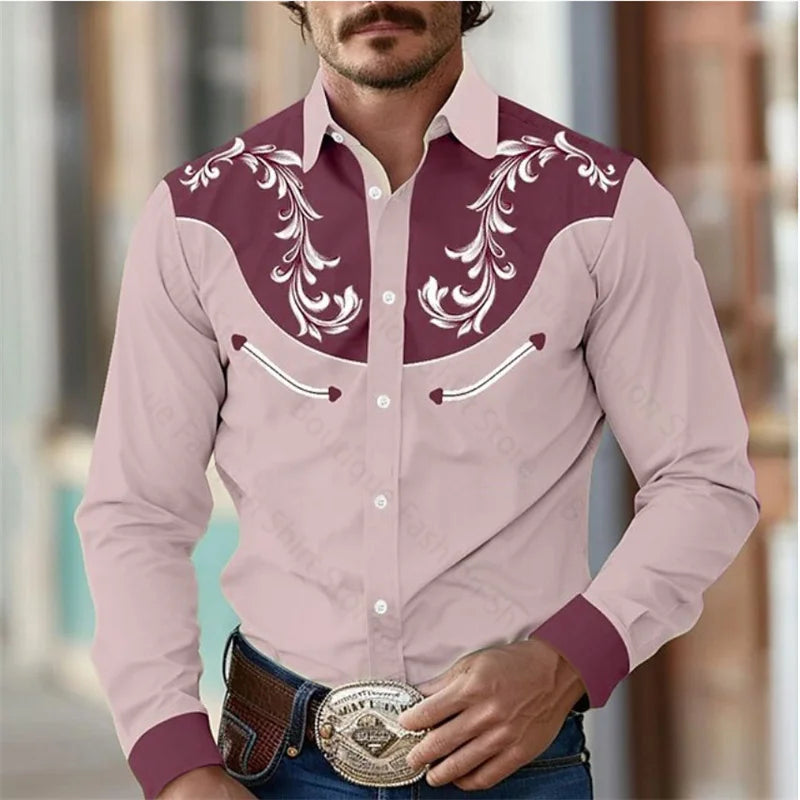 Western Men's Shirt Outdoor Street Lapel Long Sleeve