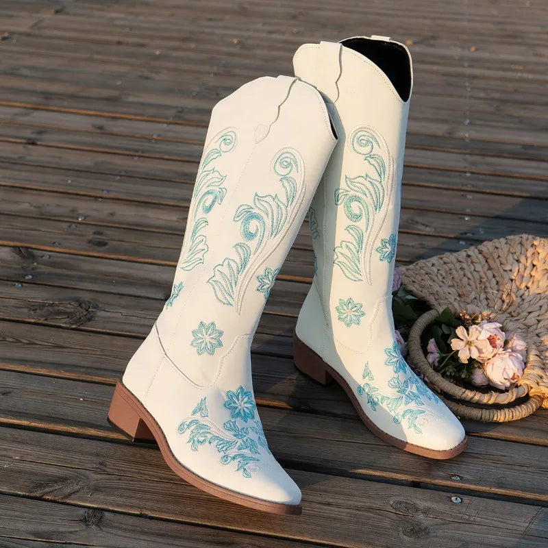 White Cowboy Sticks Boots Retro Thin Pointed High