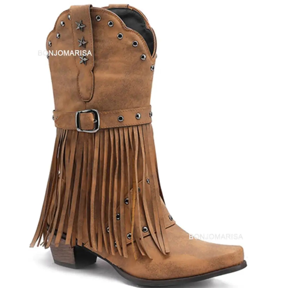 BONJOMARISA Cowboy Stiefel Für Frauen Fransen Stickerei Blume Süße Western