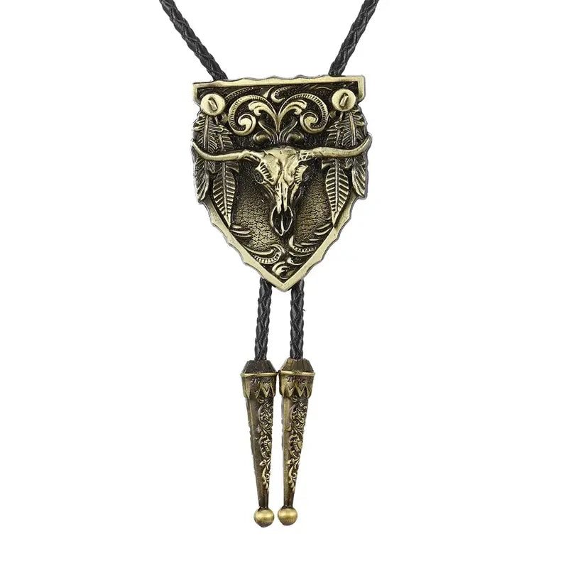 Big Cow Head Western Cowboy Tang Grass Pattern Bolo Tie Leather Fashion Pendant Men and Women Bolo Tie Rope Tide