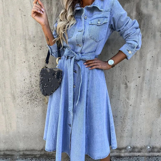 Dress Women Blue Long Sleeve Dress Fashion Casual