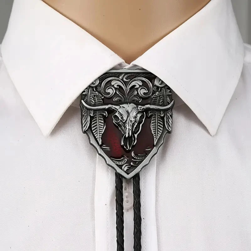 Big Cow Head Western Cowboy Tang Grass Pattern Bolo Tie Leather Fashion Pendant Men and Women Bolo Tie Rope Tide