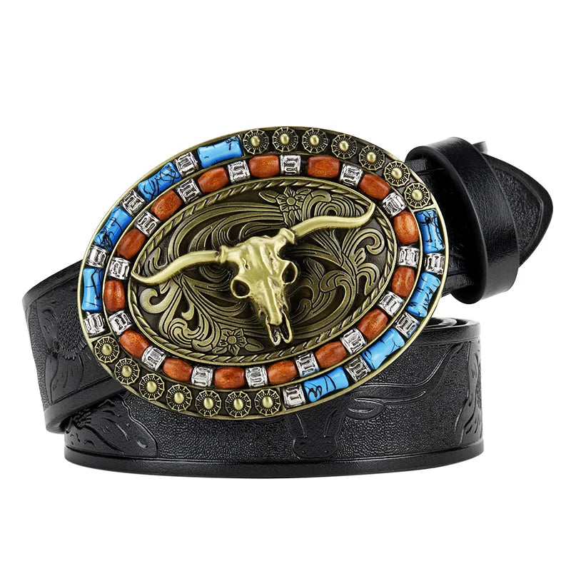 Western Cowboy Pu Leather Belt Men Waist Belt Bull Decoration Flowers Engraved for Jeans Fashion Men Leather Belt