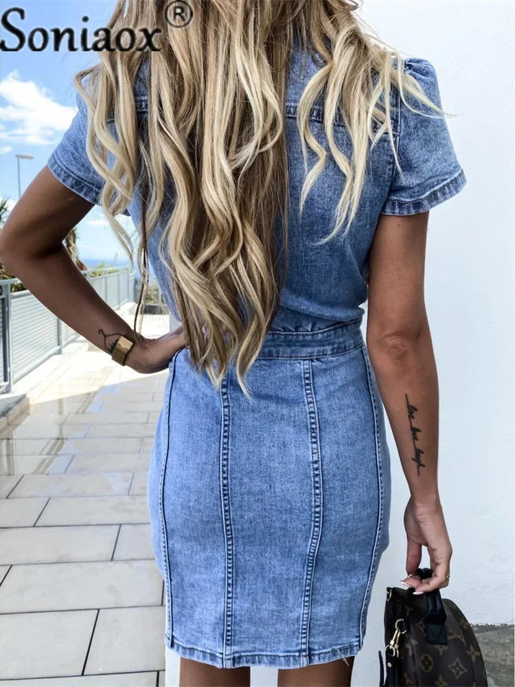 Retro hellblau Kurzarm Kleid für Frauen Mode Jeans Kleid