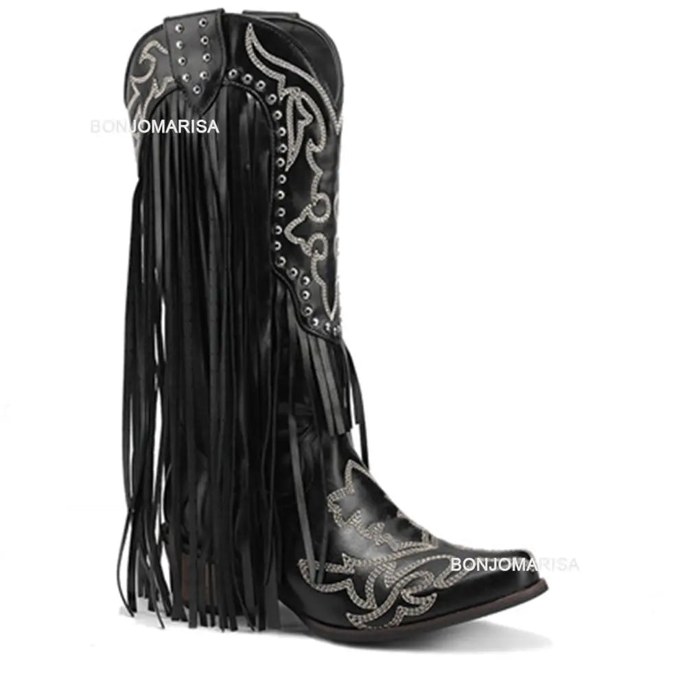 BONJOMARISA Cowboy Stiefel Für Frauen Fransen Stickerei Blume Süße Western