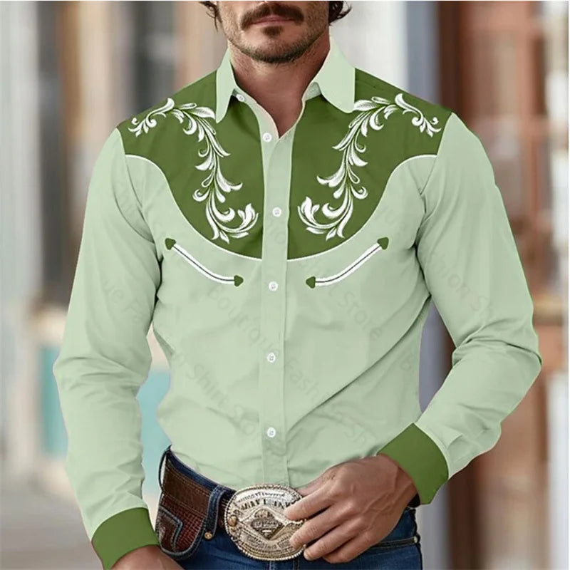 Western Men's Shirt Outdoor Street Lapel Long Sleeve