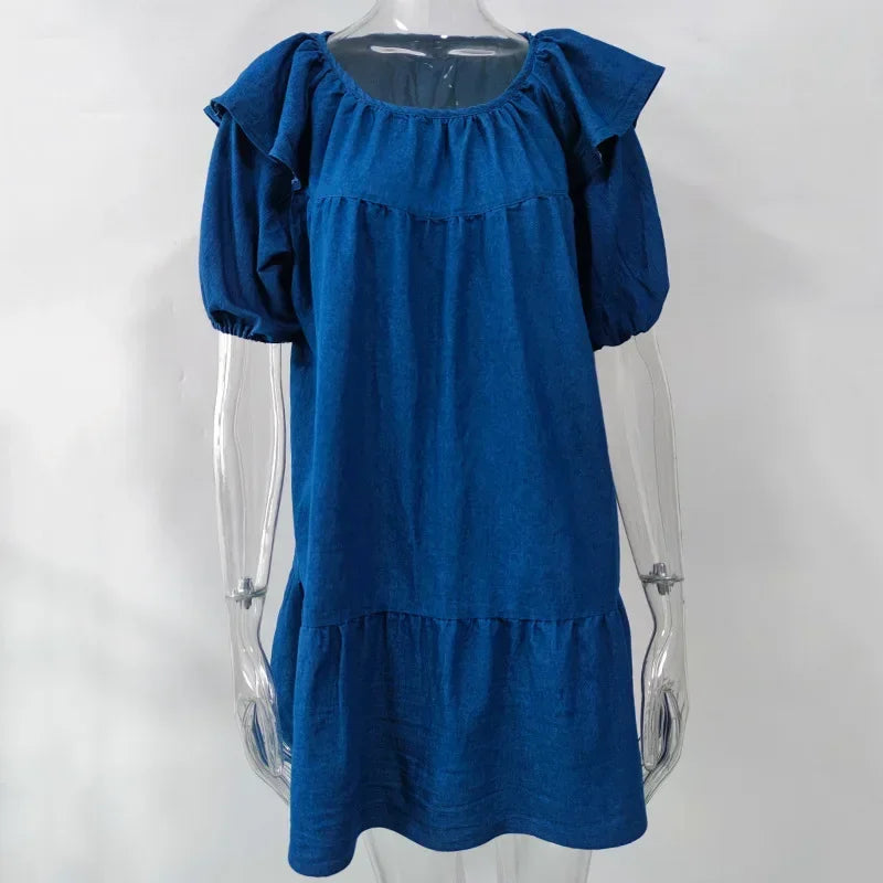 Women's Denim Dress Loose Casual Ruffle Short Dress for Women