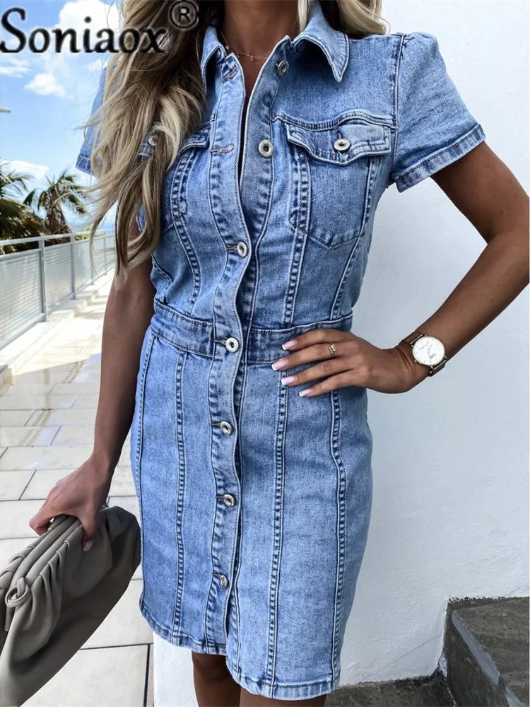 Retro hellblau Kurzarm Kleid für Frauen Mode Jeans Kleid