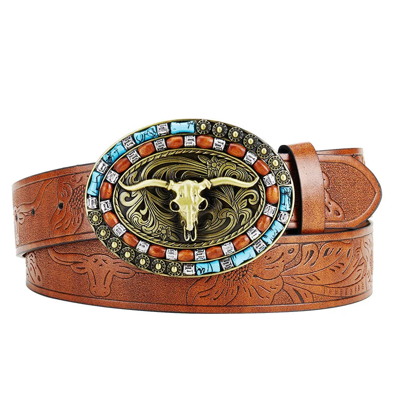 Western Cowboy Pu Leather Belt Men Waist Belt Bull Decoration Flowers Engraved for Jeans Fashion Men Leather Belt