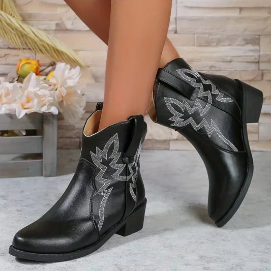 Women Retro Embroidery Western Boots Leather Cowboy Boots