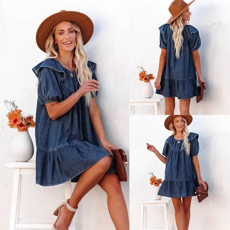 Women's Denim Dress Loose Casual Ruffle Short Dress for Women