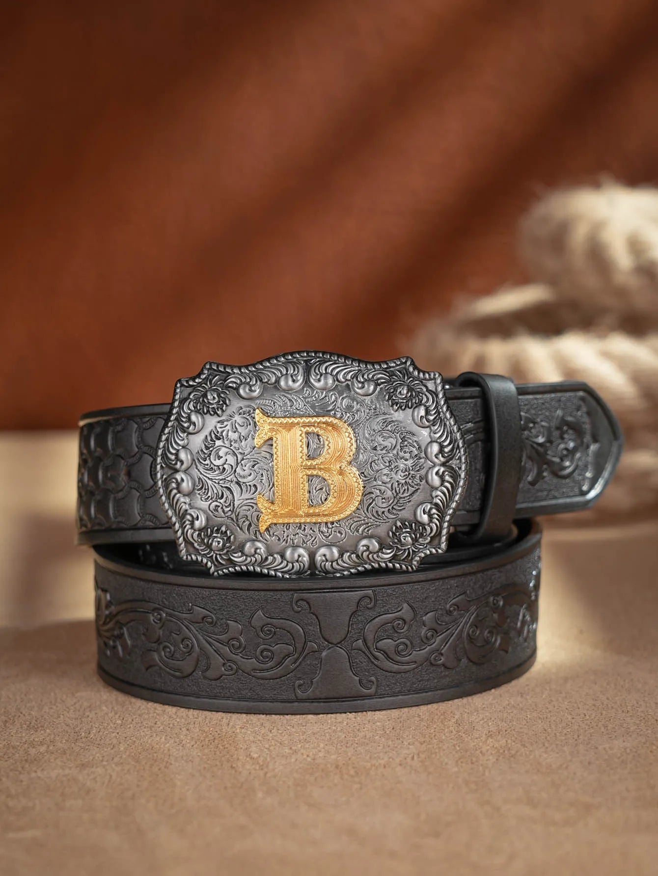 Western Cowboy Pu Leather Belt Men Waist Belt Bull Decoration Flowers Engraved for Jeans