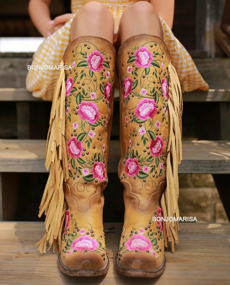 BONJOMARISA Cowboy Stiefel Für Frauen Fransen Stickerei Blume Süße Western