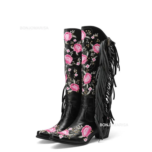 BONJOMARISA Cowboy Boots For Women Fringe Embroidery Flower Sweet Western