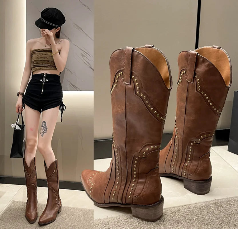 Women Cowboy Chelsea Western Short Leather Knee High Luxury Designer