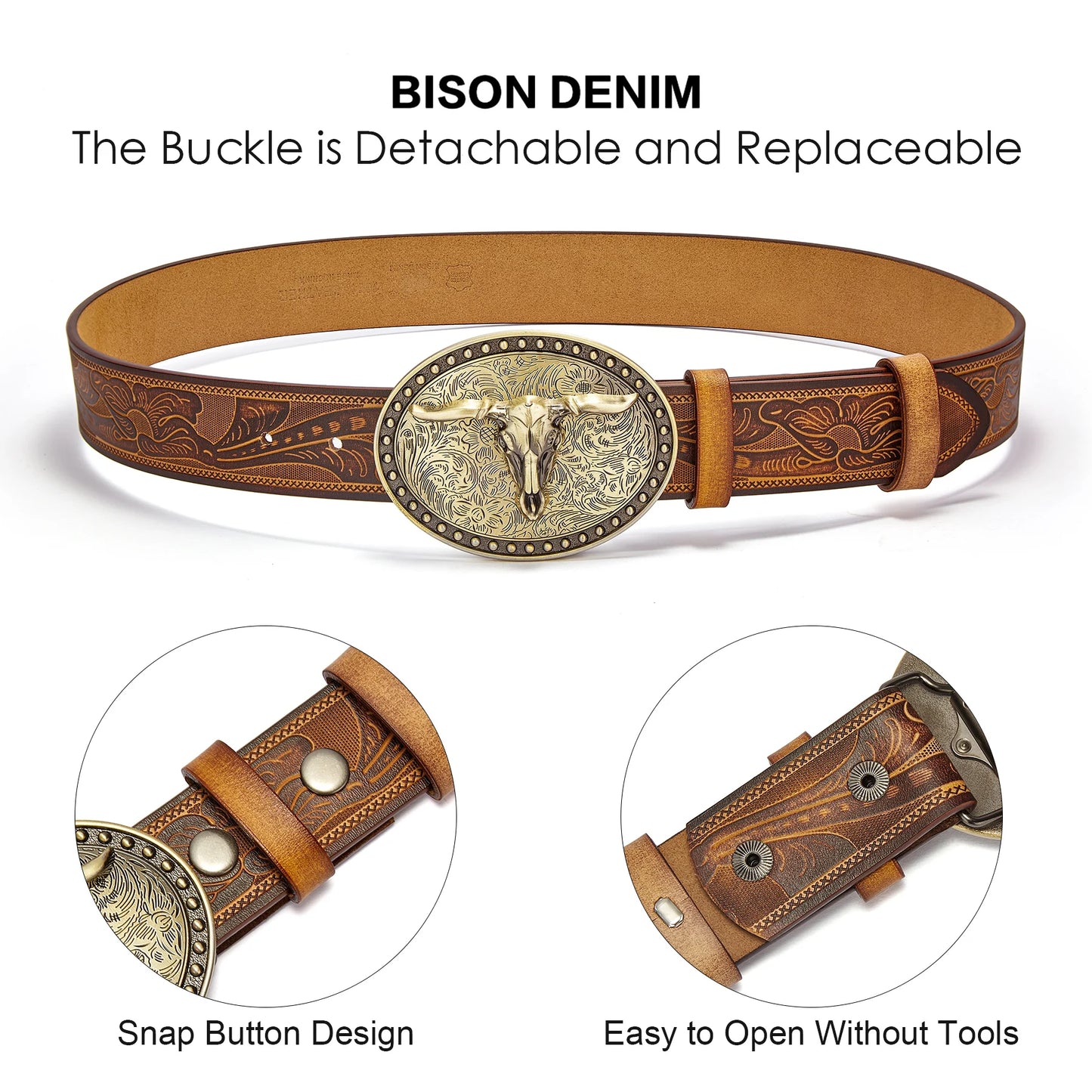 Men's Western embossed genuine leather belt with golden Cowboy Longhorn Bull buckle