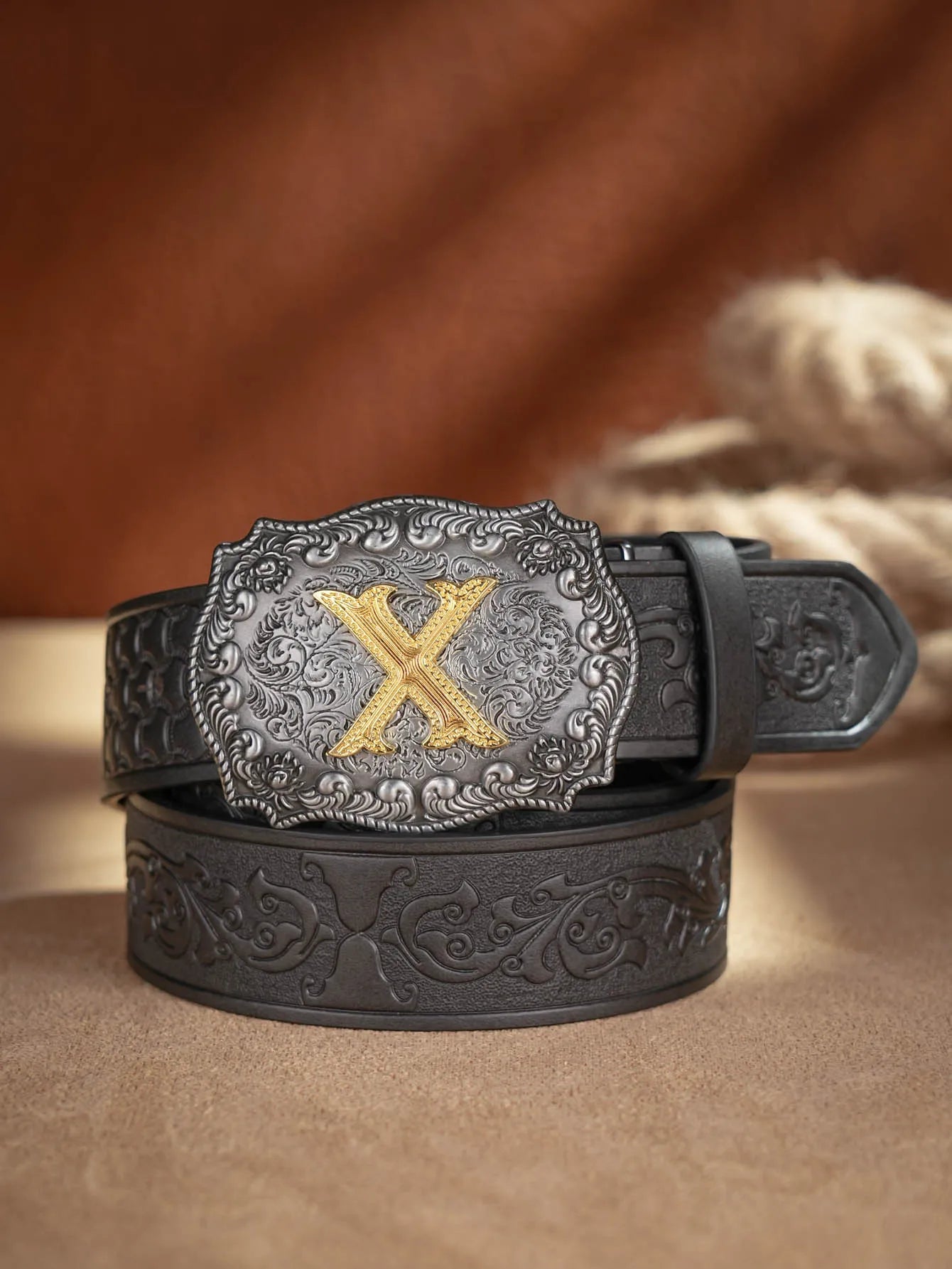 Western Cowboy Pu Leather Belt Men Waist Belt Bull Decoration Flowers Engraved for Jeans