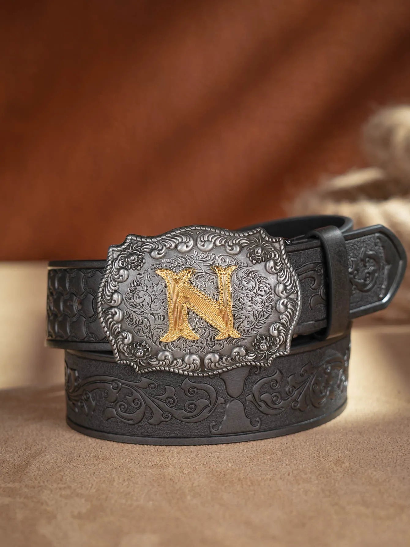 Western Cowboy Pu Leather Belt Men Waist Belt Bull Decoration Flowers Engraved for Jeans