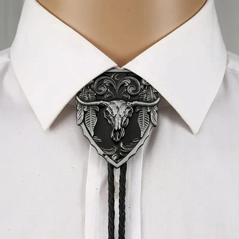 Big Cow Head Western Cowboy Tang Grass Pattern Bolo Tie Leather Fashion Pendant Men and Women Bolo Tie Rope Tide