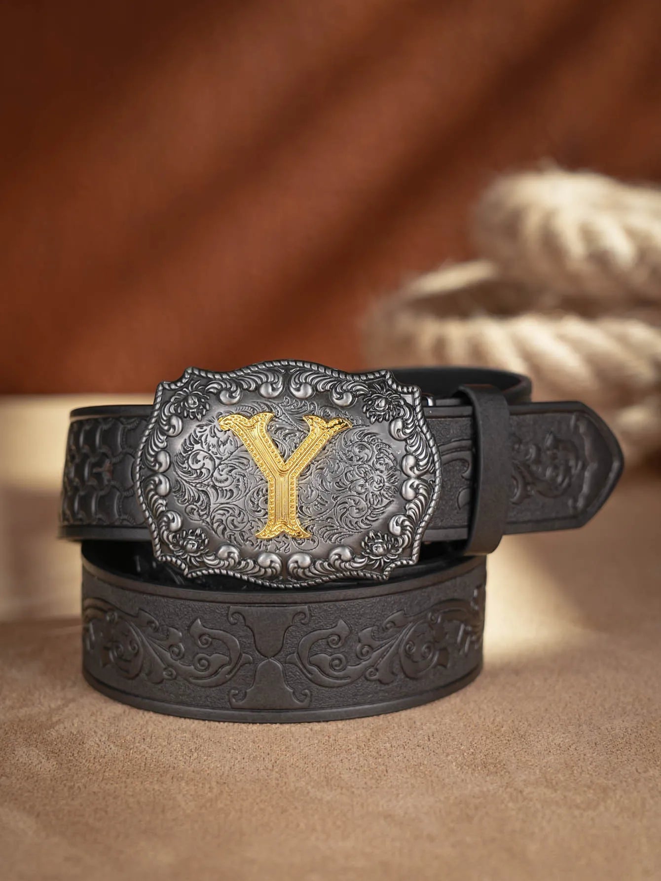 Western Cowboy Pu Leather Belt Men Waist Belt Bull Decoration Flowers Engraved for Jeans