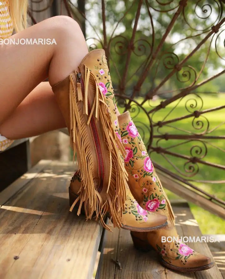 BONJOMARISA Cowboy Stiefel Für Frauen Fransen Stickerei Blume Süße Western