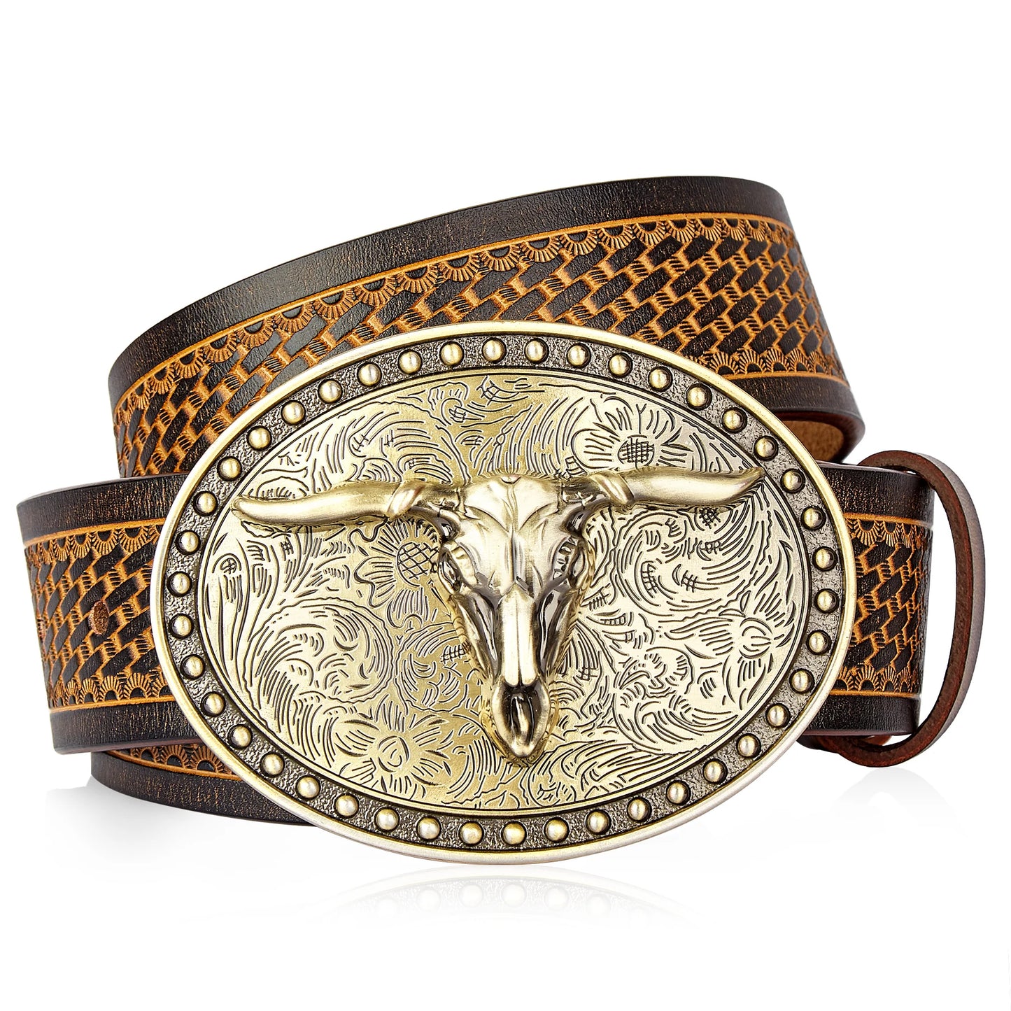 Men's Western embossed genuine leather belt with golden Cowboy Longhorn Bull buckle